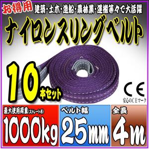 10本セット ナイロンスリングベルト 4m 幅25mm 使用荷重1000kg 1t 吊り 荷締 吊上げ 吊荷 玉掛け 荷物 牽引 ロープ 物流 運搬 流通 車 HRS01P040SET10