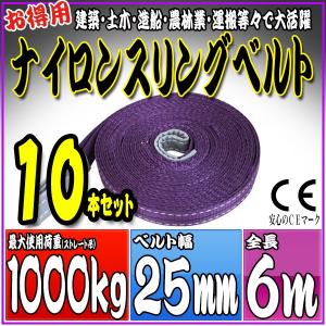 10本セット ナイロンスリングベルト 6m 幅25mm 使用荷重1000kg 1t 吊り 荷締 吊上げ 吊荷 玉掛け 荷物 牽引 ロープ 物流 運搬 流通 車  HRS01P060SET10｜pond