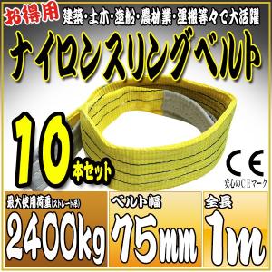 10本セット ナイロンスリングベルト 1m 幅75mm 使用荷重2400kg 2.4t 吊り 荷締 吊上げ 吊荷 玉掛け 荷物 牽引 ロープ 物流 運搬 流通 車  HRS0240P010SET10｜pond