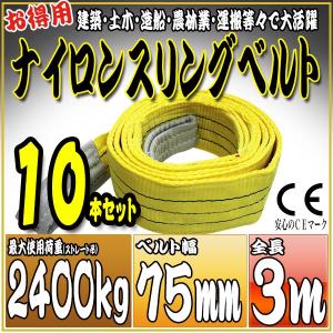 10本セット ナイロンスリングベルト 3m 幅75mm 使用荷重2400kg 2.4t 吊り 荷締 吊上げ 吊荷 玉掛け 荷物 牽引 ロープ 物流 運搬 流通 車  HRS0240P030SET10｜pond