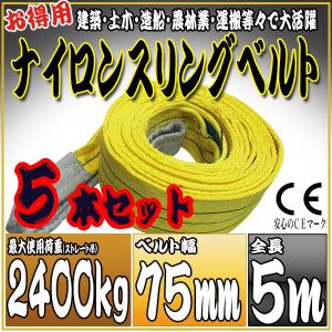 5本セット ナイロンスリングベルト 5m 幅75mm 使用荷重2400kg 2.4t 吊り 荷締 吊上げ 吊荷 玉掛け 荷物 牽引 ロープ 物流 運搬 流通 車  HRS0240P050SET5｜pond