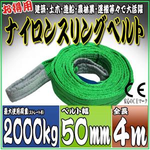 ナイロンスリングベルト 4m 幅50mm 使用荷重2000kg 2t 吊り 荷締 吊上げ 吊荷 玉掛け 荷物 牽引 ロープ 物流 運搬 流通 車  HRS02P040｜pond