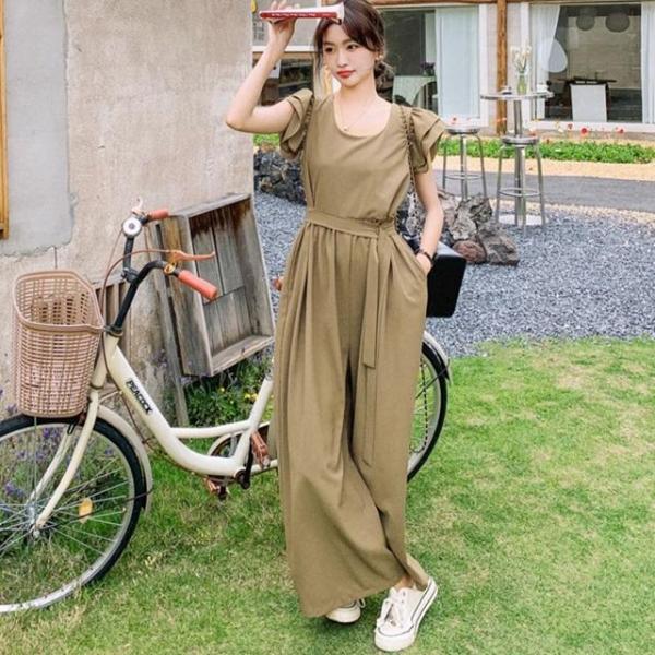 オールインワン レディース 大きいサイズ ジャンプスーツ パンツ ハイウエスト ワイドパンツ 無地 ...