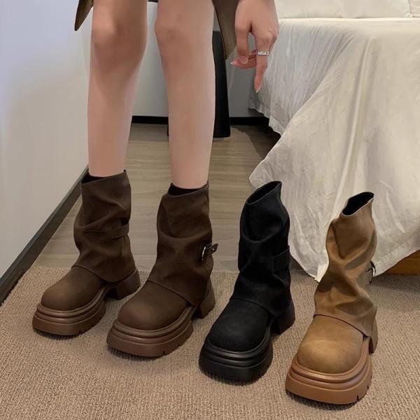 ショートブーツ レディース ショート丈 ウエスタンブーツ ブーツカバー ラウンドトゥ PU 厚底 ロ...