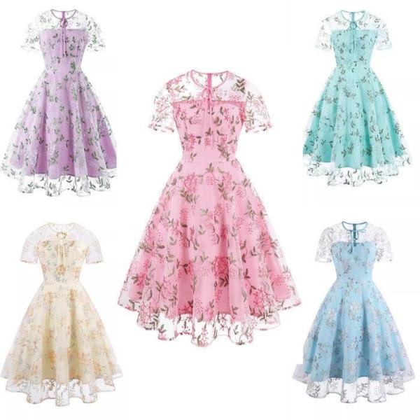 5色お揃い チュール 花柄 レトロワンピース スイングワンピ レディース 結婚式 Aライン 短袖 ロ...