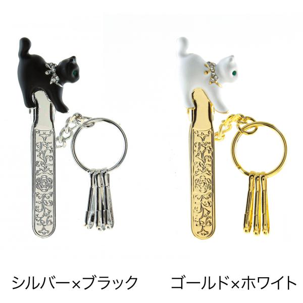3フック型　ブラック&amp;ホワイトねこバッグキークリップ