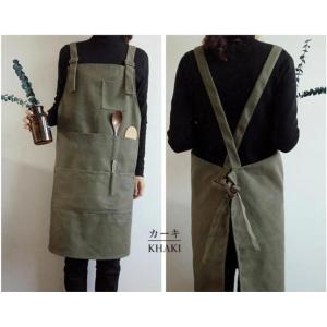 着丈73cm エプロン 無地 チュニックエプロン ワンピース かぶる ワークエプロン カフェエプロン 北欧風 保育士 美容師 花屋 フラワーアート カーキ