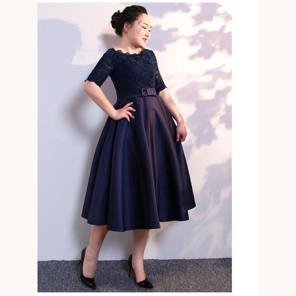 大きいサイズ パーティードレス ネイビー 結婚式 ドレス 袖あり ミモレ丈 ひざ下 大きいサイズ レ...