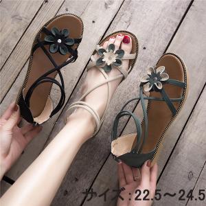 サンダル 花飾り サマーサンダル レディース 美脚サンダル 大きいサイズ ぺたんこ かわいい トレンド ローヒール 軽い 可愛い