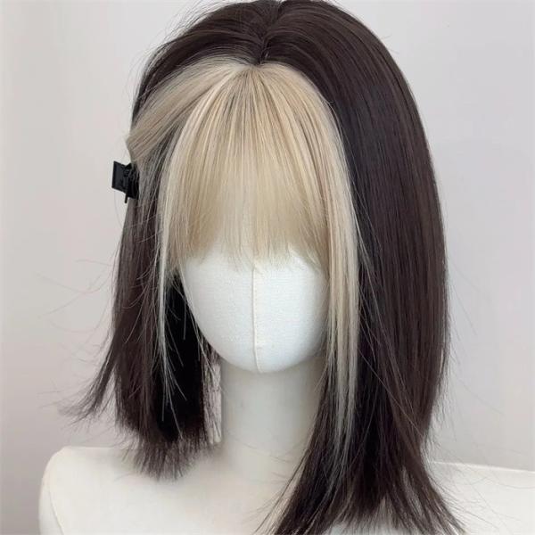 ウィッグ ボブ ショート ミディアム ツートンカラー 黒金 バイカラー レディース フルウィッグ 前...