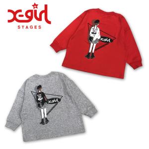 X-girl stages (エックスガール）xg9214204-ガールグラフィック長袖Tシャツ（アカ、トップグレー）｜poruka