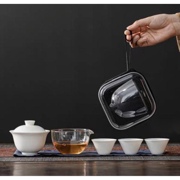 旅行茶具 茶道具 茶道 煎茶 中国茶 台湾茶 茶器 蓋碗 茶杯 公道杯 ケース 4点セット