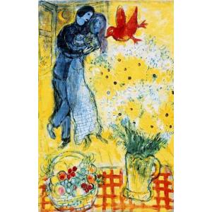 マルク・シャガール ポスター 恋人たちとマーガレットの花 木製アートフレーム付 91.5×61cm