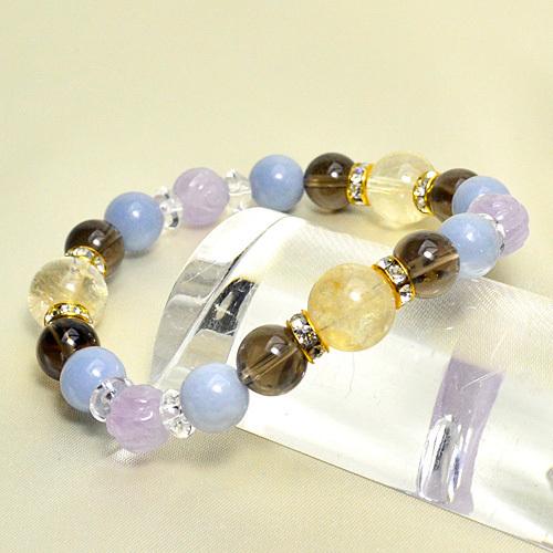 パワーストーン ブレスレット シトリン スモーキークォーツ エンジェライト ローズカービングミルキー...