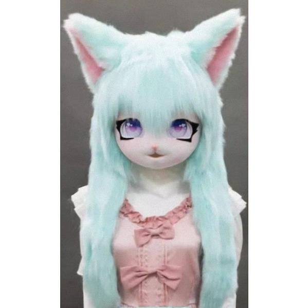 着ぐるみヘッド 猫 白緑 全頭ヘッド ケモノ マスク ファースーツ ぬいぐるみ コスプレ コスチュー...