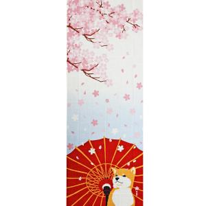 絵てぬぐい「舞桜と豆柴」春柄 縦型 濱文様 花柄 日本製
