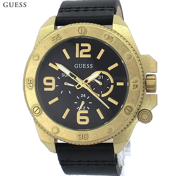 GUESS ゲス  メンズ腕時計 デイデイト YG/BK レザー アンティークゴールド W0659G...