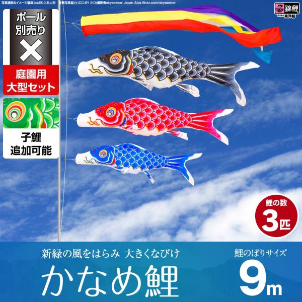 鯉のぼり 庭用 こいのぼり 錦鯉 新緑の風になびく かなめ鯉 9m 6点セット 庭園 大型セット ポ...