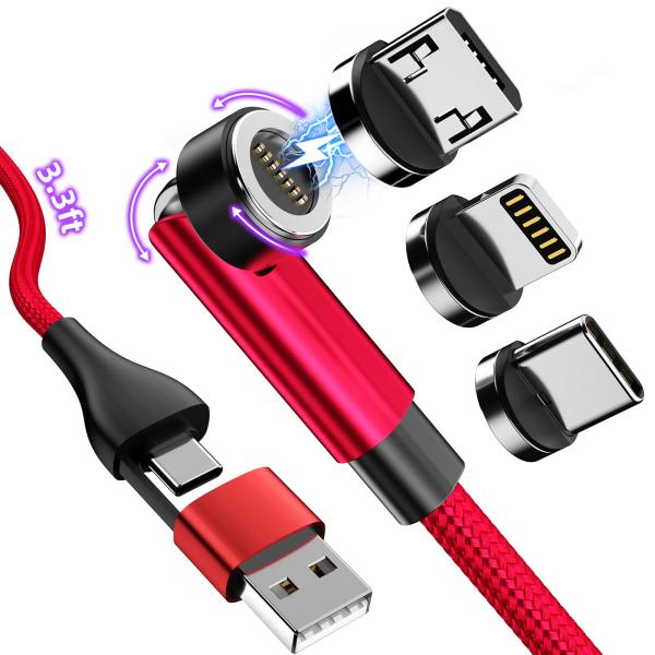 マグネット 充電ケーブル 1本 1m 赤USB 5in1 iPhone Type-C led USB...