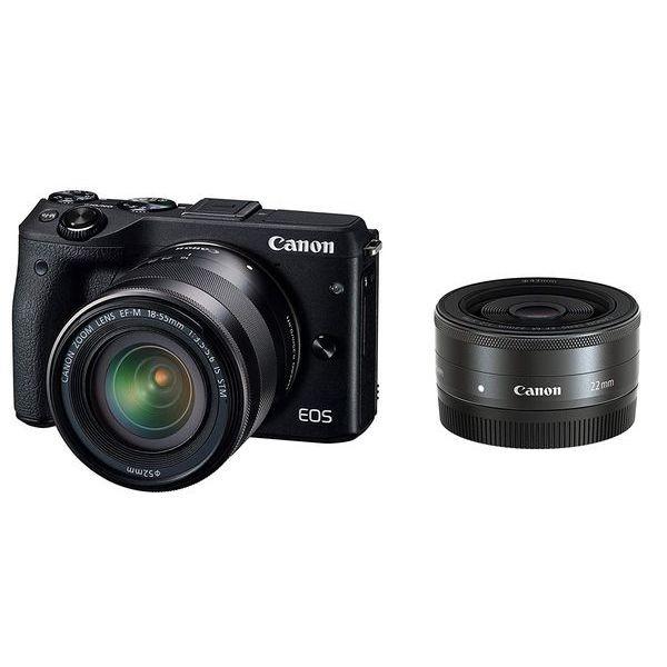 中古 １年保証 美品 Canon EOS M3 18-55mm 22mm ダブルレンズキット ブラッ...