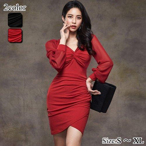 ナイトドレス キャバドレス ミニドレス カシュクール ワンピース 長袖 ギャザー シフォン ジャージ...