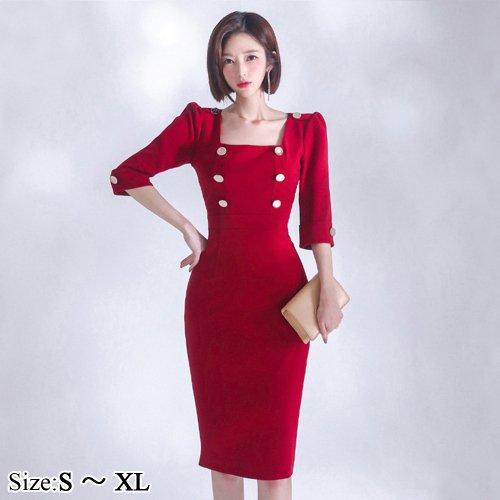 ナイトドレス キャバドレス ミディアムドレス パフスリーブ ワンピース 五分袖 スクエアネック 伸縮...