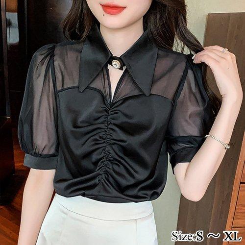 トップス セクシー レディース ギャザー シフォン ビジュー フェミニン ふんわり ブラック S M...