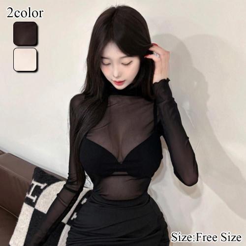 トップス レディース 長袖 ハイネック シアー ロングスリーブ メローフリル