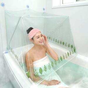 視界を遮らない開閉式クリアカバー！お風呂で発汗サウナドーム  (お湯張り リーフ柄 北欧 開放感 健康的な身体づくり ストレス解消 汗だく 吸盤固定)
