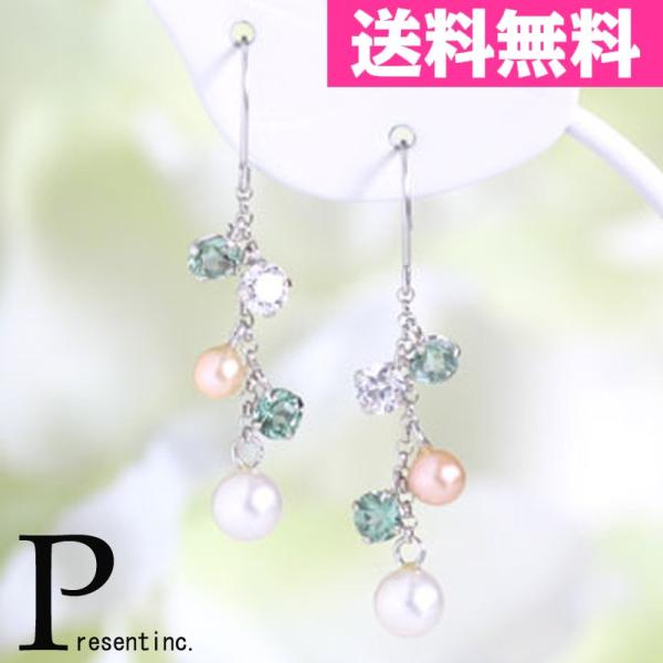 キュービックジルコニア　パール　ミントクォーツピアス　Ｋ14　ホワイトゴールド　ミントクォーツ　ピア...