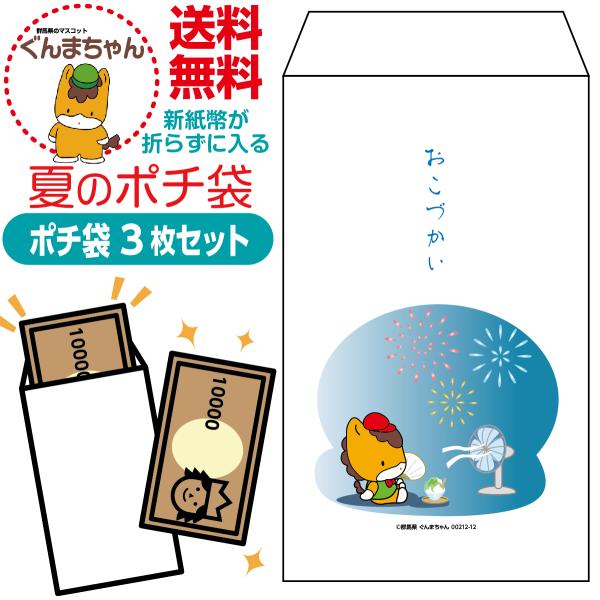 新紙幣が折らずに入る夏のポチ袋 ぐんまちゃん版 3枚セット