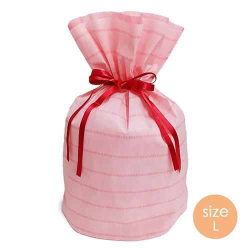 ラッピング 袋 ギフトバッグ 不織布 リボン付き ( ボーダー L ピンク ) 15811 底 マチ...