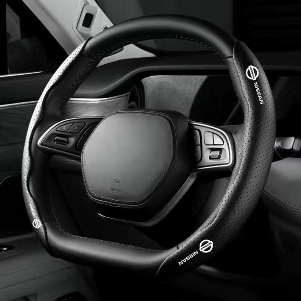 日産 NISSAN ブラック ハンドルカバー ハンドル保護 専車ロゴ ステアリングカバー レザー 滑...