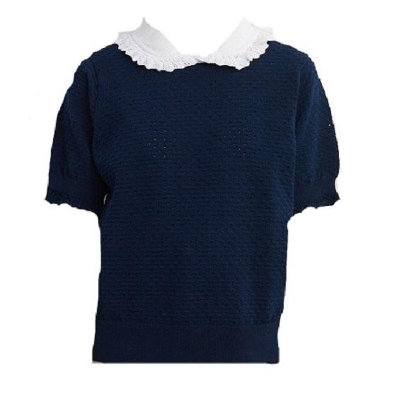 CHILD WOMAN チャイルドウーマン   40/2強撚綿すかし編み えり付き半袖プルオーバー