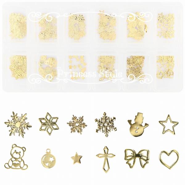 薄型アートパーツ ゴールド ネイル レジン用 雪の結晶 星 ハート パーツ Winter 12種類3...