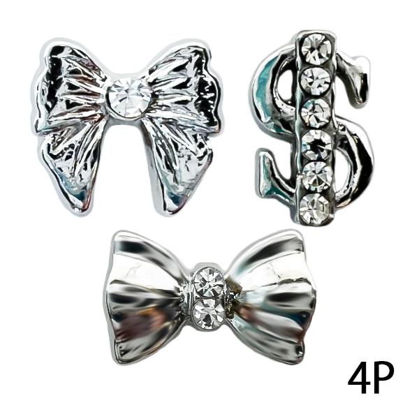 ストーン付き メタルパーツ 4個 ネイルパーツ パーツ ビジューパーツ 合金パーツ りぼん リボン ...
