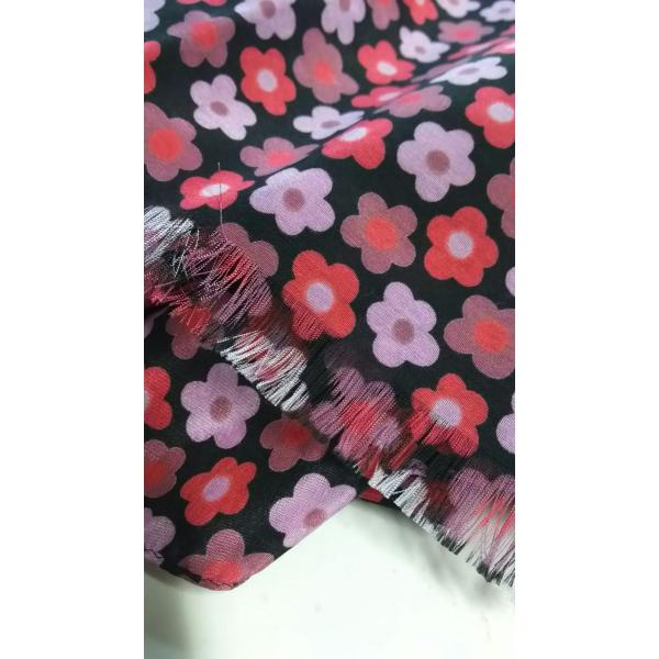 日本製シルクコットン高級ロングストール　花柄　フラワー柄　黒系　赤系　ブラック地×レッド系花　メイド...