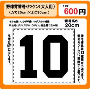 野球　背番号　Ｈ20ｃｍ　ゼッケン　（大人用）　昇華プリント　W30ｃm×H25ｃm　ぜっけん