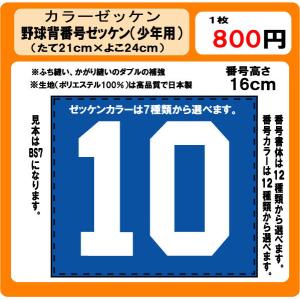 カラーゼッケン野球　背番号　ゼッケン　（少年用）　昇華プリント　W24ｃm×H21ｃm　ぜっけん