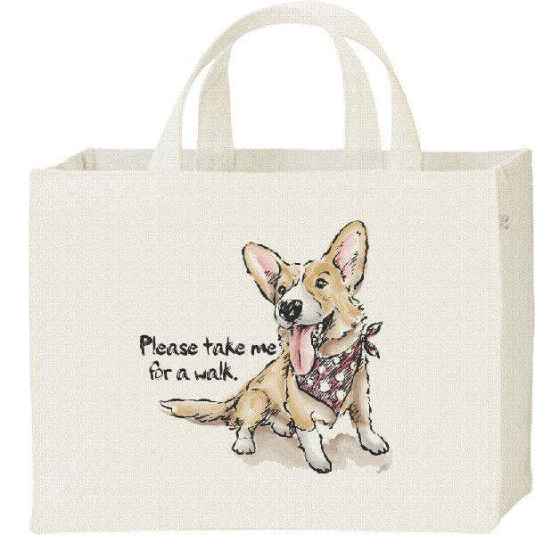 ウェルシュ・コーギー（散歩に連れてって）犬/キャンバスバッグ・スクエア　カレッジバッグ