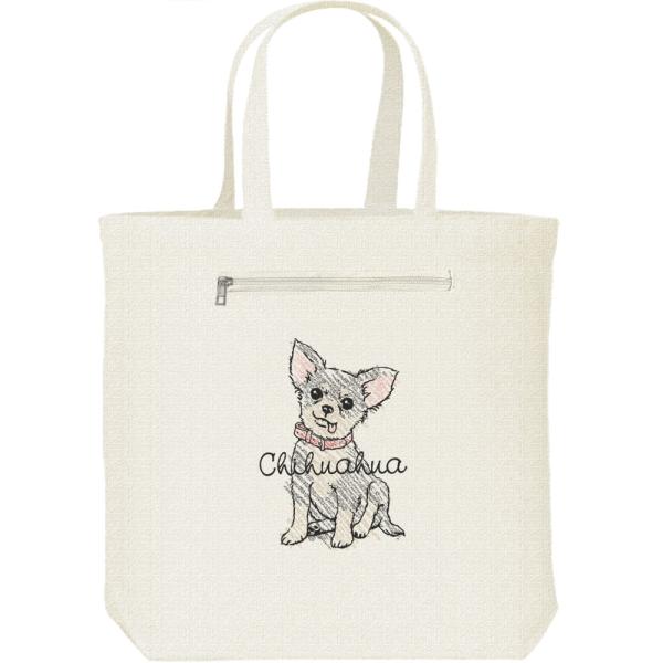 クレヨンタッチ・チワワ（ブラック＆タン）/キャンバス トート バッグ・ファスナー ポケット付