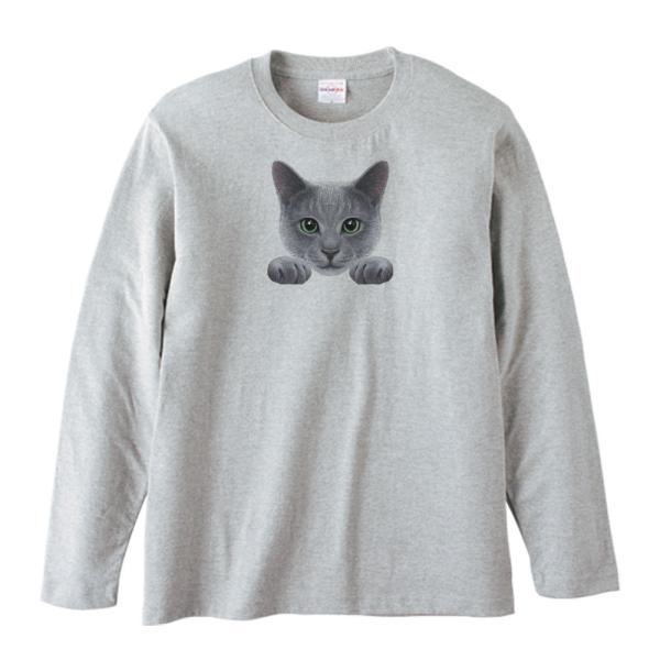 猫の顔・グレー（ブルー）ロシアンブルー/長袖Ｔシャツ