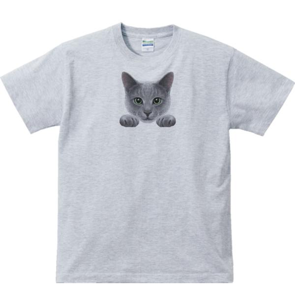 猫の顔・グレー（ブルー）ロシアンブルー/半袖Ｔシャツ