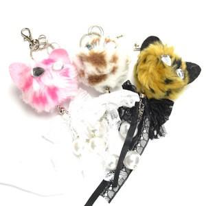 ファー キャット ストラップ 猫 レース りぼん フェイクパール マスコット 雑貨 小物 アクセサリー f-ts156｜pripri