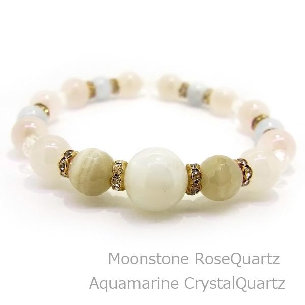 ムーンストーン ローズクォーツ アクアマリン 水晶 天然石 ブレスレット パワーストーン 数珠ブレス...