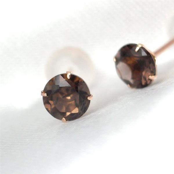 K10 ピンクゴールド製 スモーキークォーツ シンプル スタッド ピアス 4mm K10PG 定番4...