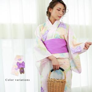 【浴衣豪華3点セット】浴衣+結び帯+下駄 パープ...の商品画像
