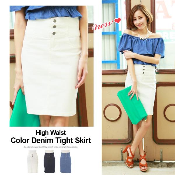 やわらかストレッチ カラーデニム ハイウエストタイトスカート  春夏 レディースボトムス おすすめ