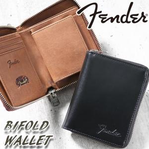 フェンダー 財布 Fender 二つ折財布 ミドルサイズ ラウンドファスナー メンズ 札入れ カード レザー 牛革 ストラップ ピック付 バレンタイン ギフト