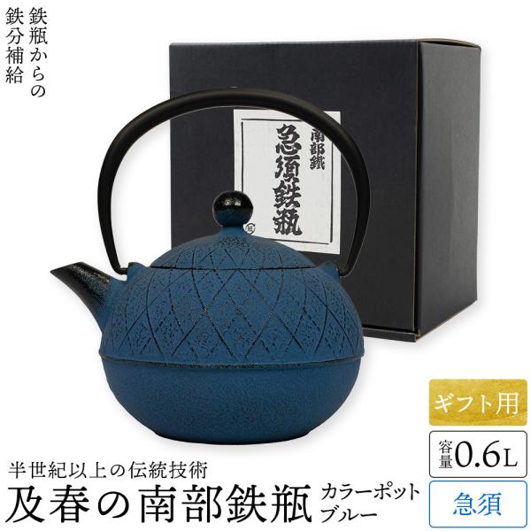 ギフト用 南部鉄器 急須 及春 0.6L 鉄瓶 おしゃれ 日本製 カラーポット ブルー ティーポット...